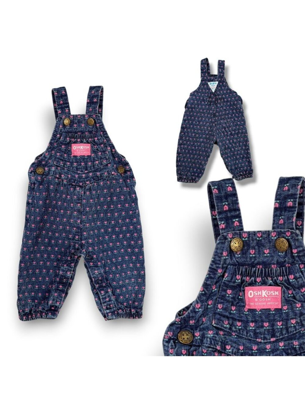 Vintage Oshkosh Baby Girl Tulip Floral Denim Bubble Overalls Romper 6m - 9m